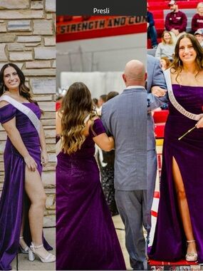 Purple Off-Shoulder Evening Gown with Side Slit Prom Dress